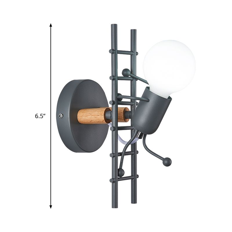 Cartoon Bare Bulb Wall Light Fixture Metal Gray/White/Green 1 Head Indoor Wall Mount Light with Little People Decoration