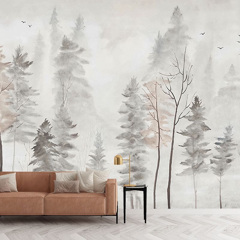 Nordic Trees Wall Mural for Guest Room Decoration, Custom-Printed Wall Covering in Grey and Pink