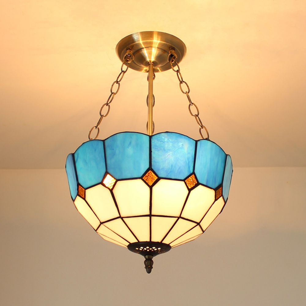 Mediterranean Bowl Ceiling Light Blue Glass Indoor Chandelier Light with 12 Inch Width for Foyer
