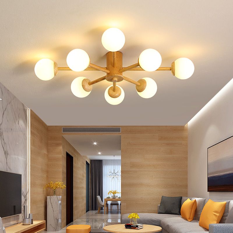 Sputnik Flush Mount Plafond Aménagement en bois de verre à la crème moderne Semi Flush Forh pour le salon