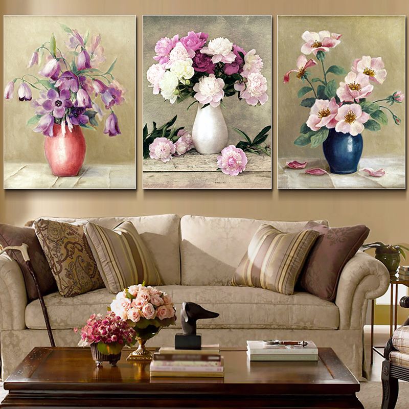 Flower and Vase Painting Canvas Modernism Textured Wall Art in Light Color