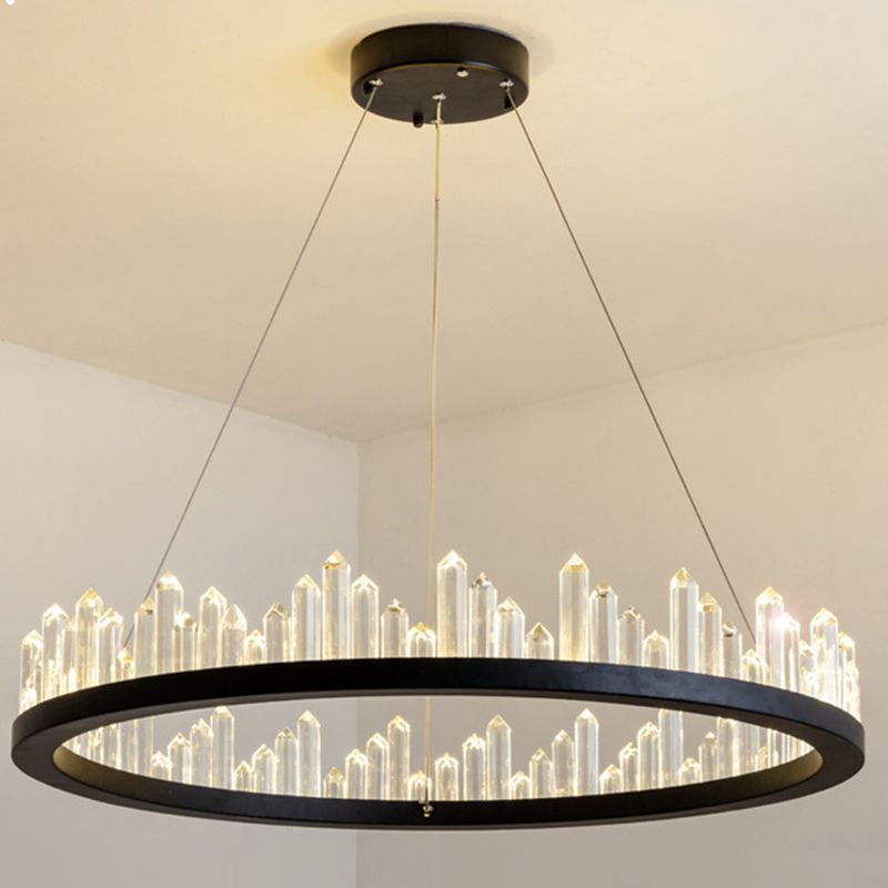 Black Circular LED Pendant Light in Modern Luxury Style Wrought Iron Hanging Lamp with Crystal Shade
