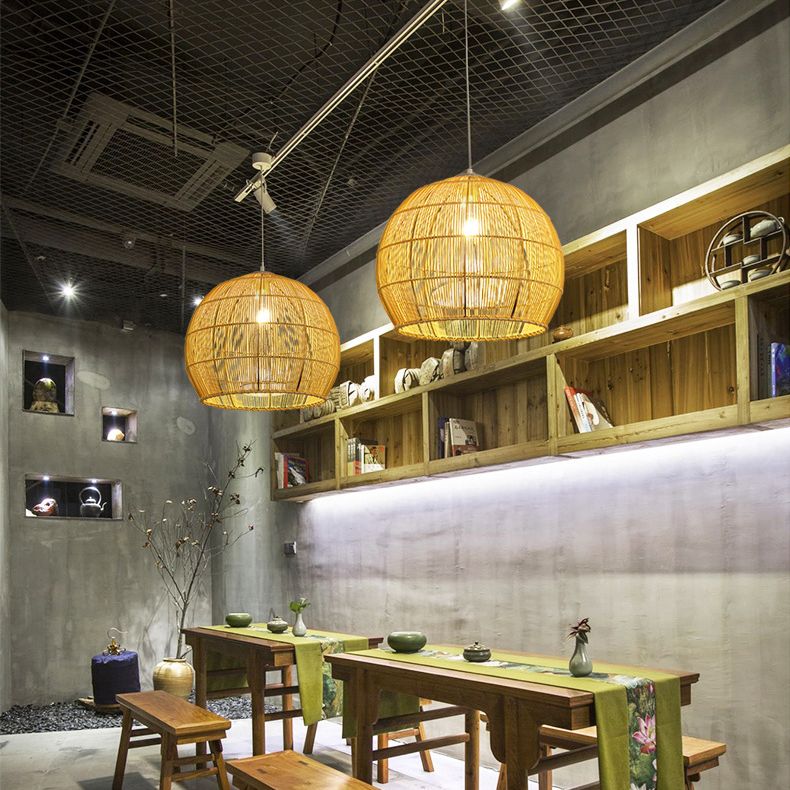 Beige Asia Pendulum Light Dome Rattan 1-Light Hanging Ceiling Light for Dining Room