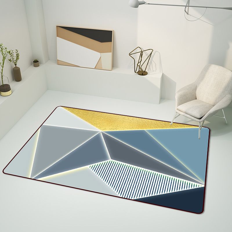 Blue Bedroom Rug Modern Color Block Geometry Pattern Area Rug Polyester Machine Washable Carpet