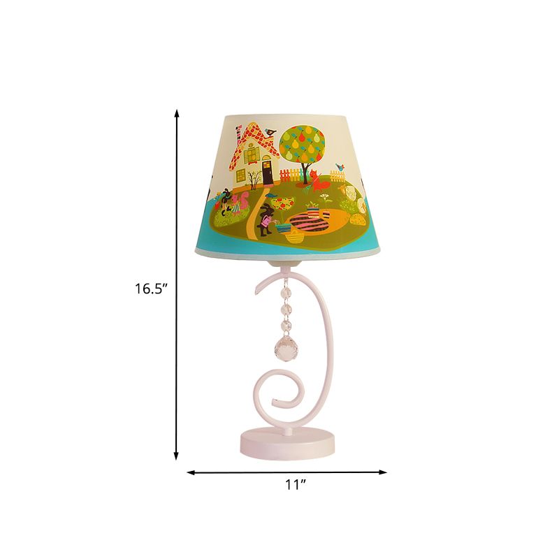Barrel Bedroom Table Light Fabric 1 Bulb Cartoon Night Lamp in White with Crystal Drop and Sheep/Loving Heart/Elephant Pattern
