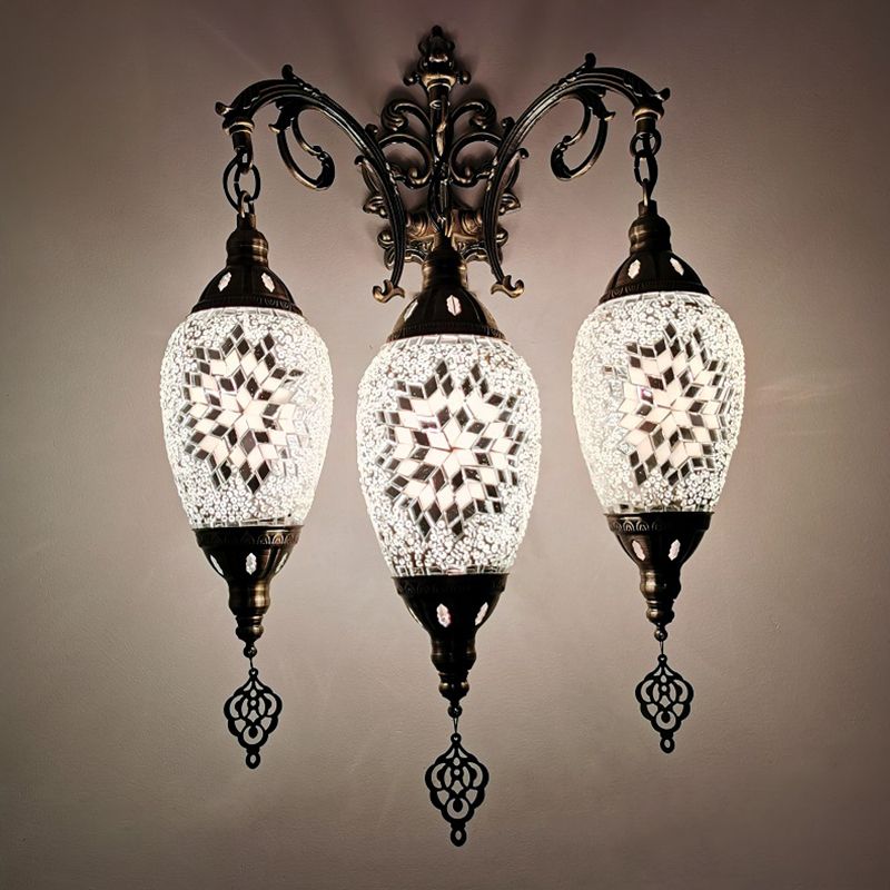 Traditional Oval Wall Mounted Lamp 3 Heads Stained Art Glass Sconce Light in White/Red/Light Blue