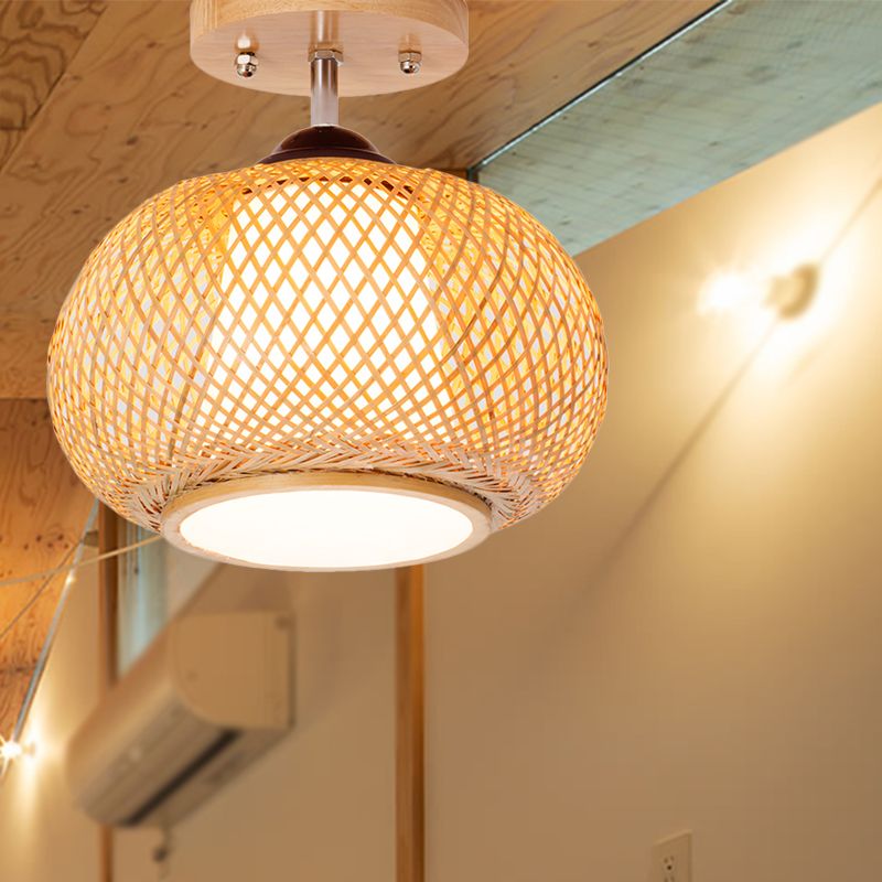 10"/14"/16" Wide Lantern Semi Flush Mount Traditional Bamboo Wood 1 Bulb Flush Mount Ceiling Fixture
