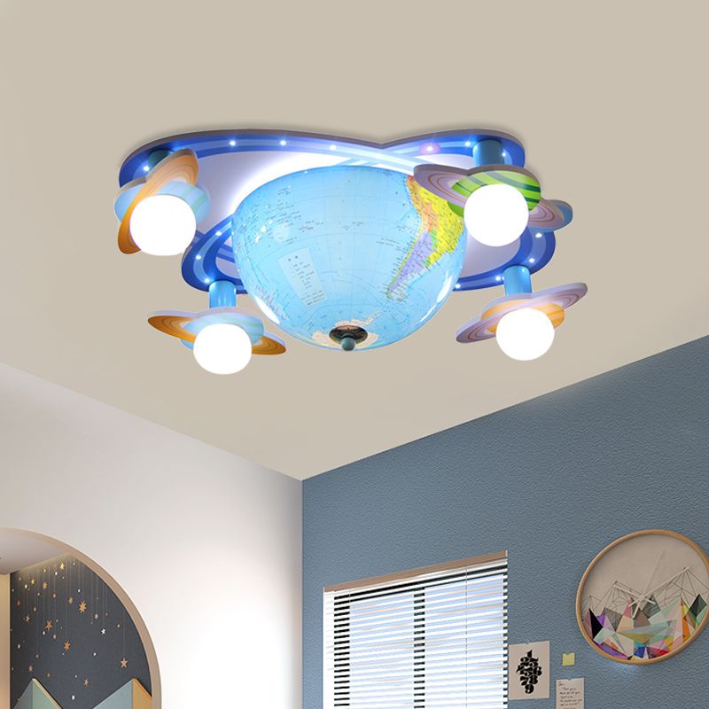 Rotatable Earth Orbit Flush Ceiling Light Kids Acrylic 4 Bulbs Blue Flush Mount Fixture in White/3 Color Light