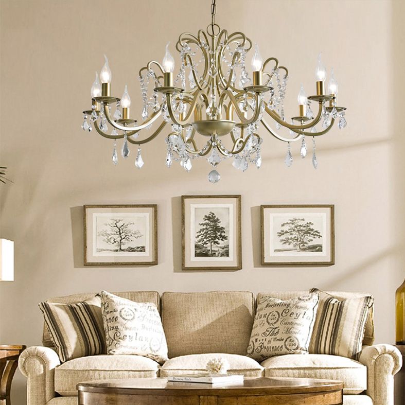 K9 Crystal Drops Candlestick Chandelier Lights Vintage Rustic Style Lighting Pendant for Living Room