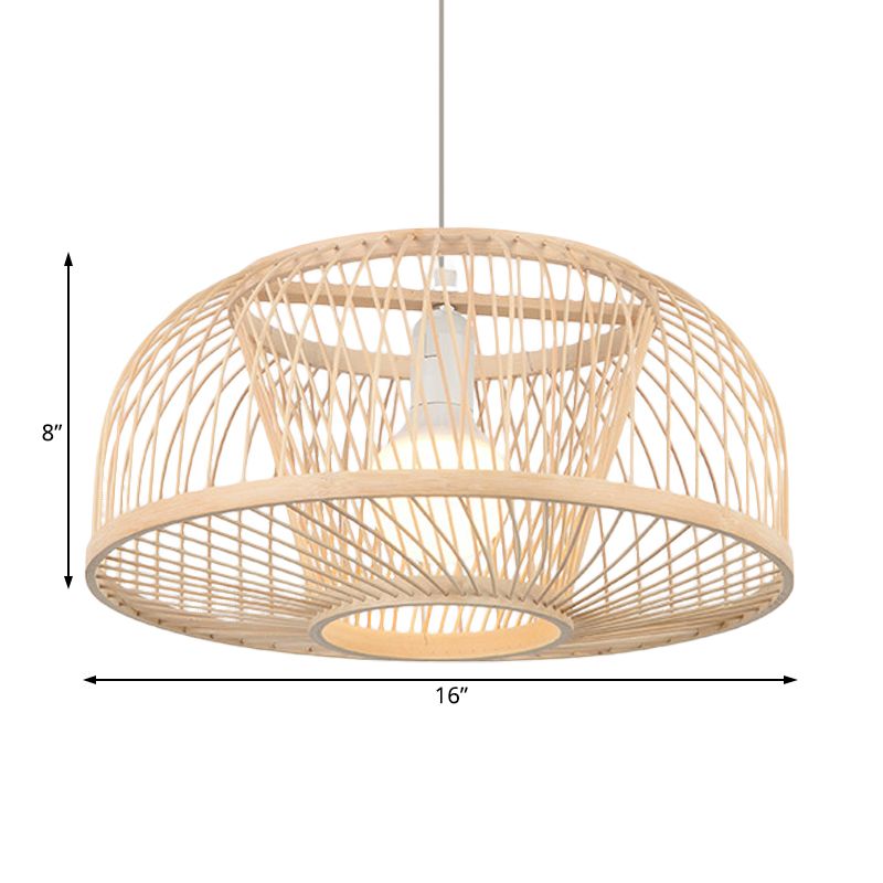 Beige Domed Hanging Ceiling Light Asian Style 1 Head Bamboo Pendant Lighting for Living Room