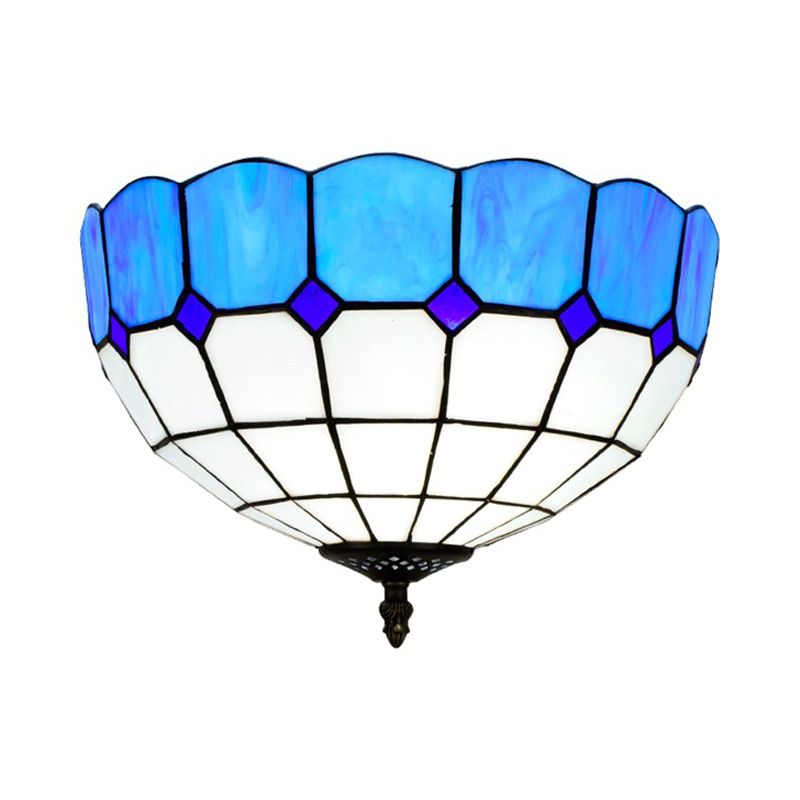 2 Kopfschlafzimmer Deckenmontage Aufsatz traditionellen blau/gelb Unterputzleuchte mit Schüssel gebeizt Glas Schatten