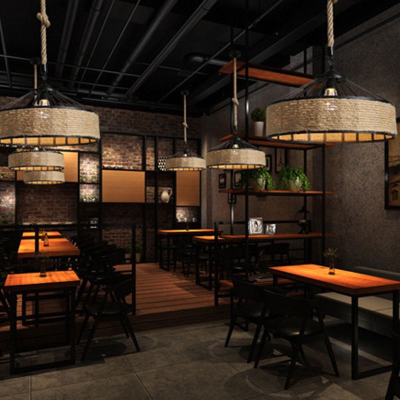 Touw linnen 1 licht hanger lamptrommel vintage loft plafond armatuur voor bar