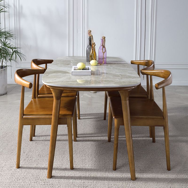Mesa rectangular moderna de mediados de siglo Mesa de piedra sinterizada con 4 patas base de madera
