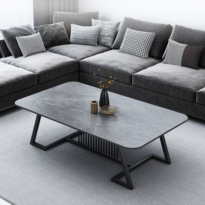 Rectangle Stone Top Coffee Table with Black Metal Trestle Base