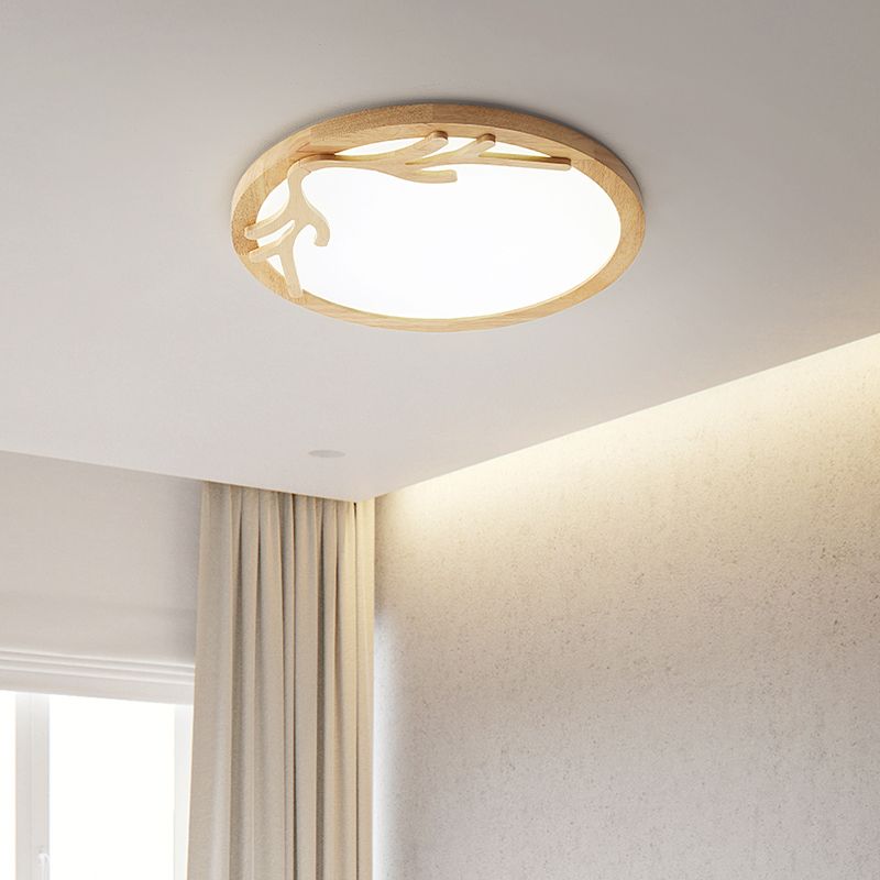 Plafonnier LED moderne en bois de cerf avec diffuseur acrylique, beige