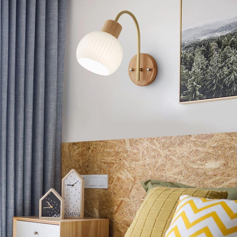 Single Modernism Beige Wall Mounted Sconce Shaded Wall Light with Wood