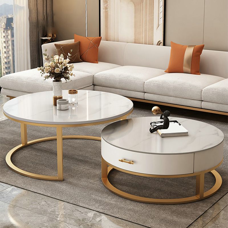 Frame Coffee Table White Slate Cocktail Table with Storage Drawers