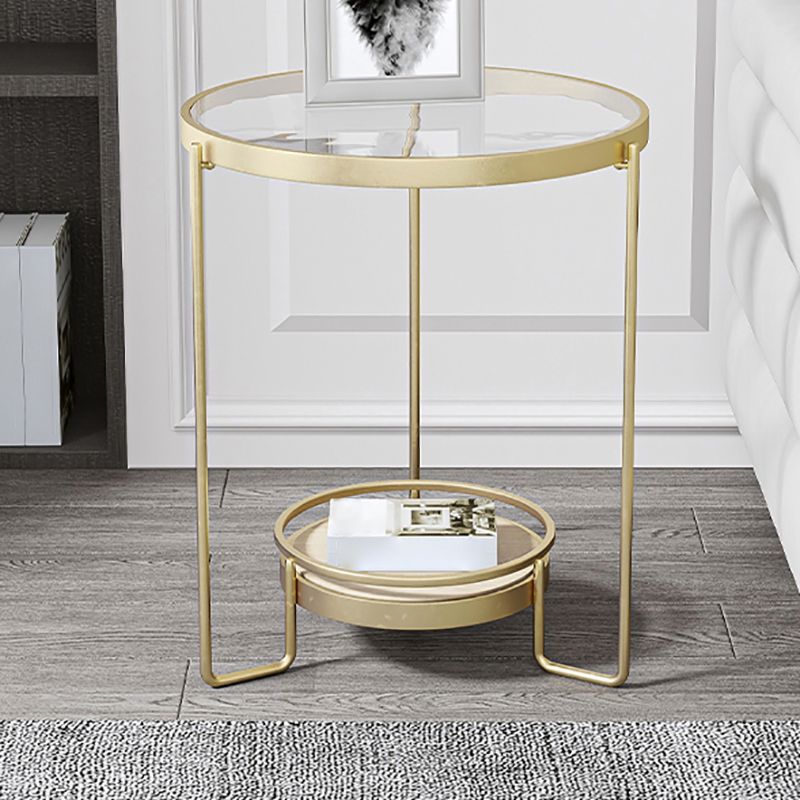 23.6" Tall Round Glass Top Side Table Iron Frame Base End Table with Shelf