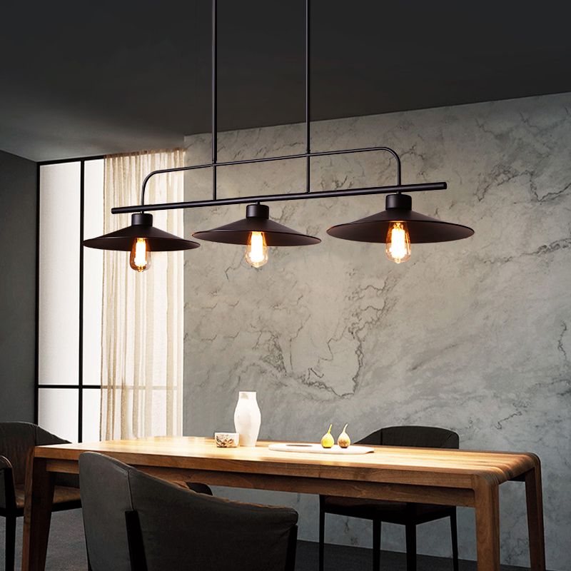 3 Lights Flared Hanging Lamp Industrial Black Finish Metal Island Light Fixture for Restaurant