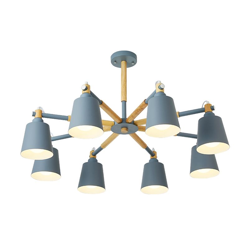 Wooden Radial Pendant Lighting Macaron Chandelier with Tapered Metal Shade for Living Room
