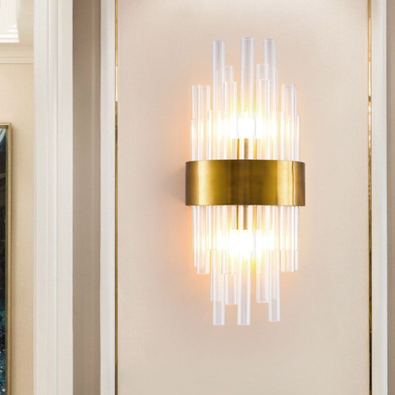 2 Heads Bedroom Wall Mount Light Postmodern Gold Sconce Light with Cylinder Fluted Crystal Shade