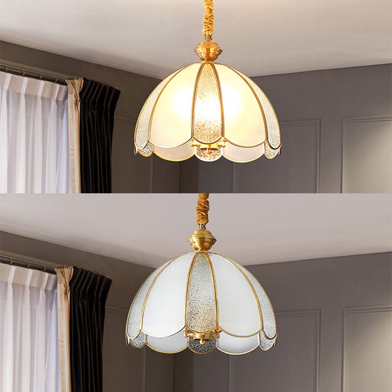 Elegant Dome Flower Shade Pendant Light Hammered Frosted Glass 1 Light Brass Hanging Light for Living Room