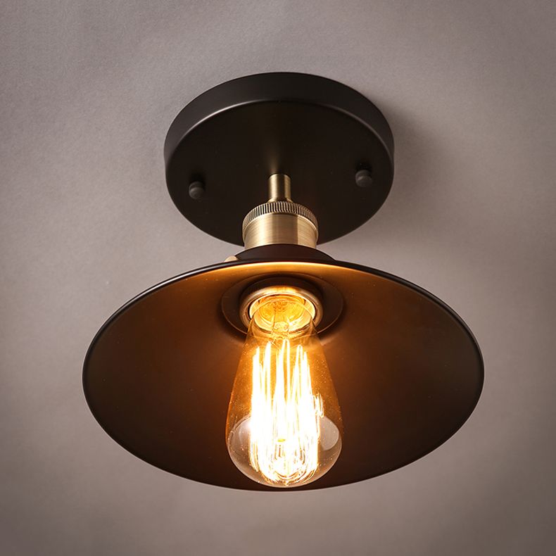 Metal Conical Semi Flush Mount Light Industrial Aisle Semi Mount Lighting in Black
