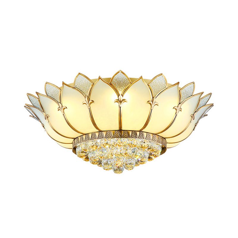 Prismatic Glass Lotus Flush Mount Chinese Style 5 Lights White Ceiling Light Fixture with Crystal Finial