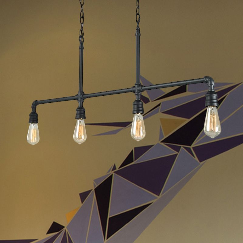 Black 4-Head Island Lighting Rustic Style Metal Linear Piped Hanging Lighting for Living Room