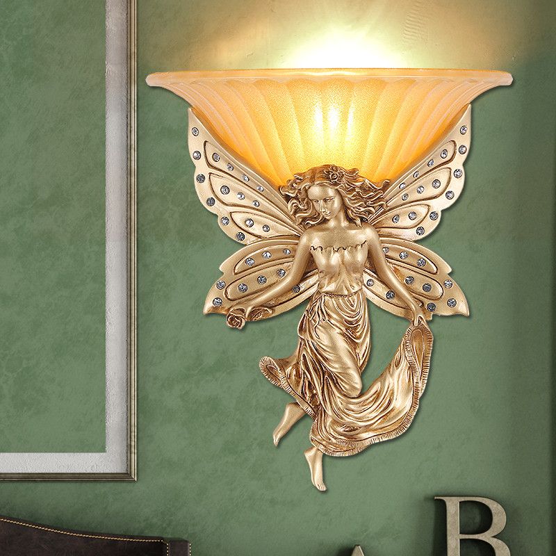 1 Light Wall Sconce Light Vintage Flared Glass Wall Mounted Light with Gold Resin Spirit Base