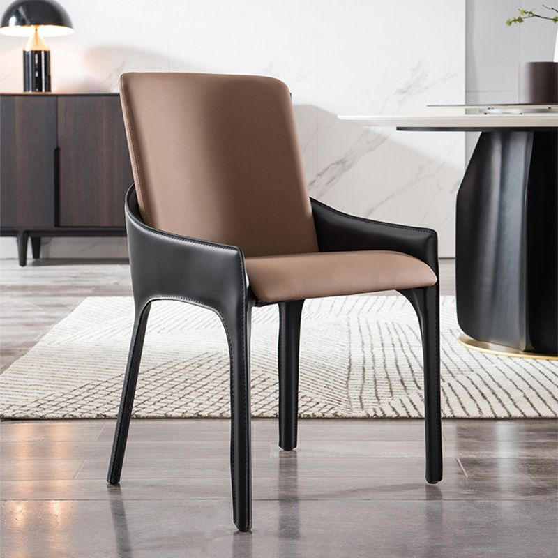 Contemporary Metal Dining Room Chair Arm Faux Leather Side Chair for Dining Room