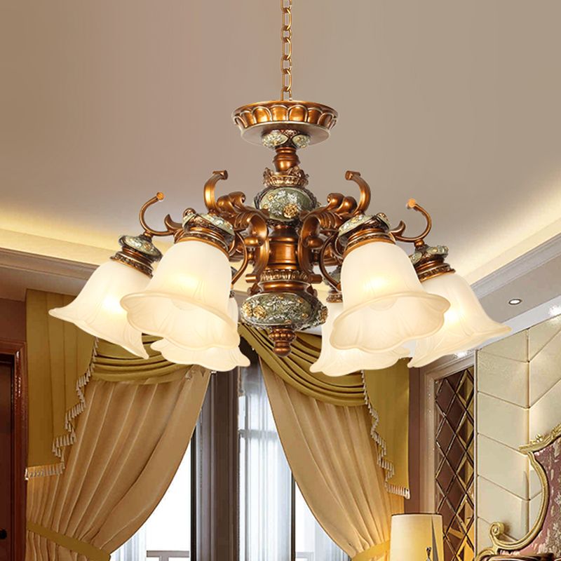 6/8 Bulbs Hanging Chandelier with Floral Shade Milky Glass Vintage Style Guest Room Ceiling Hang Fixture in Brown