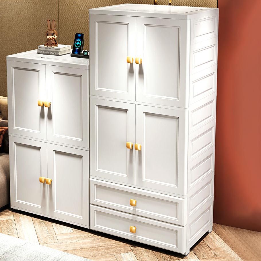 White Plastic Armoire, 2-Door Wardrobe With 2-Drawers and Clothing Rod
