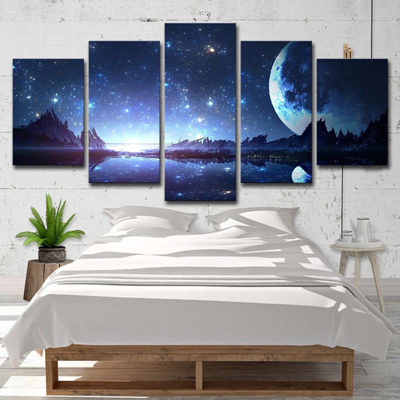 Kids Style Canvas Blue Starry Night and Forest Wall Decor, Multiple Sizes Options