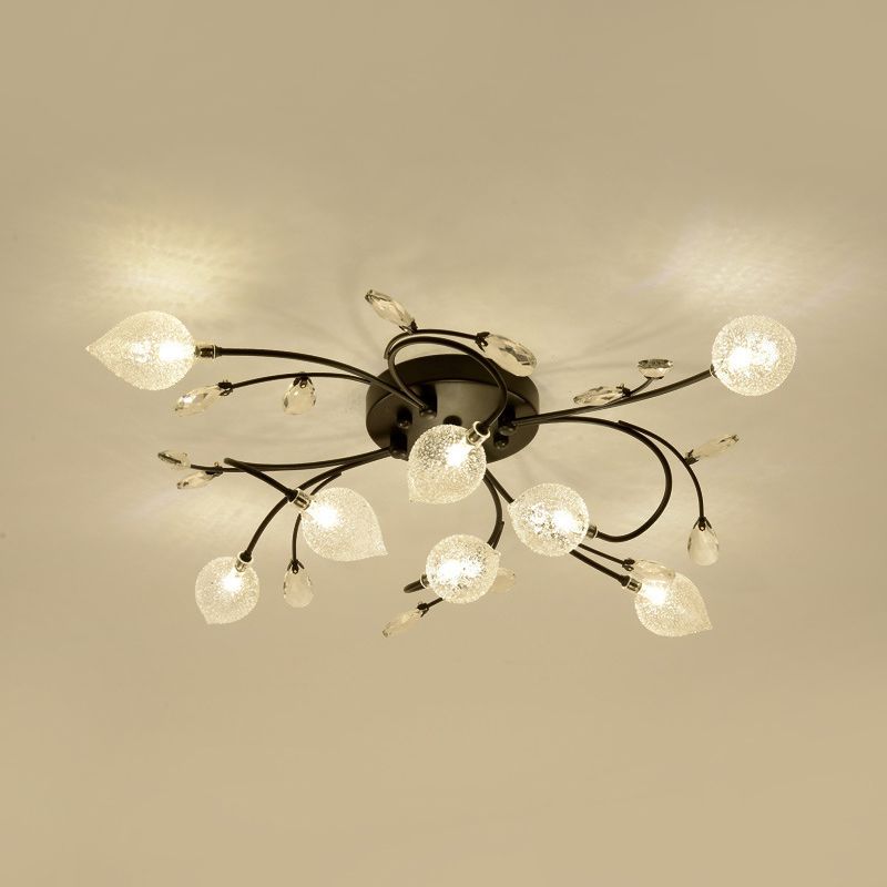 Sputnik Semi Flush Light Rustic Clear Glass 8/12-Head Bedroom Ceiling Flush Mount with Crystal Deco in Black/Gold
