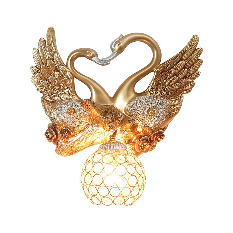 Swan Bedroom Wall Sconce Modern Metal 1 Light Gold Wall Lighting with Globe Crystal Shade