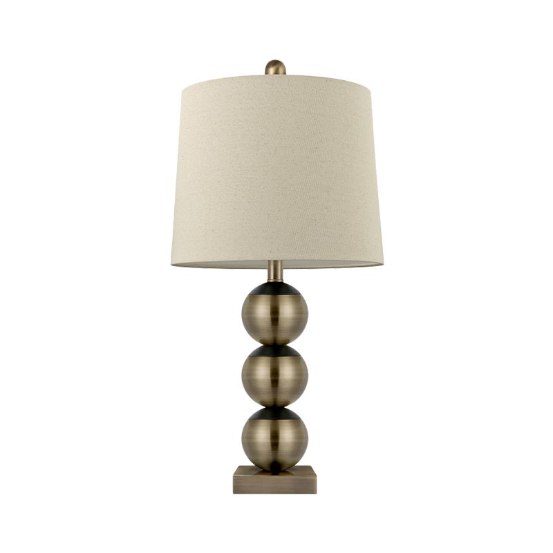 1 Head Barrel Night Light Traditional Brown Fabric Reading Book Lighting with 3 Brass Orbs Design