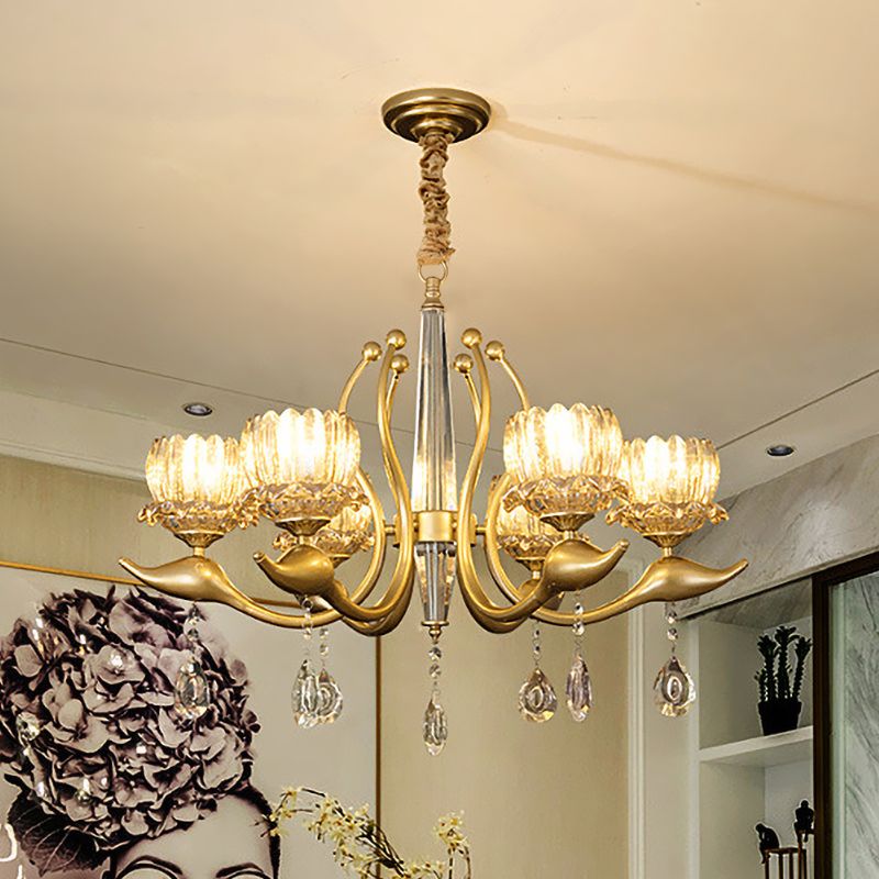 6-Light Lotus Shade Pendulum Light Traditional Gold Finish Clear Crystal Pendant Chandelier