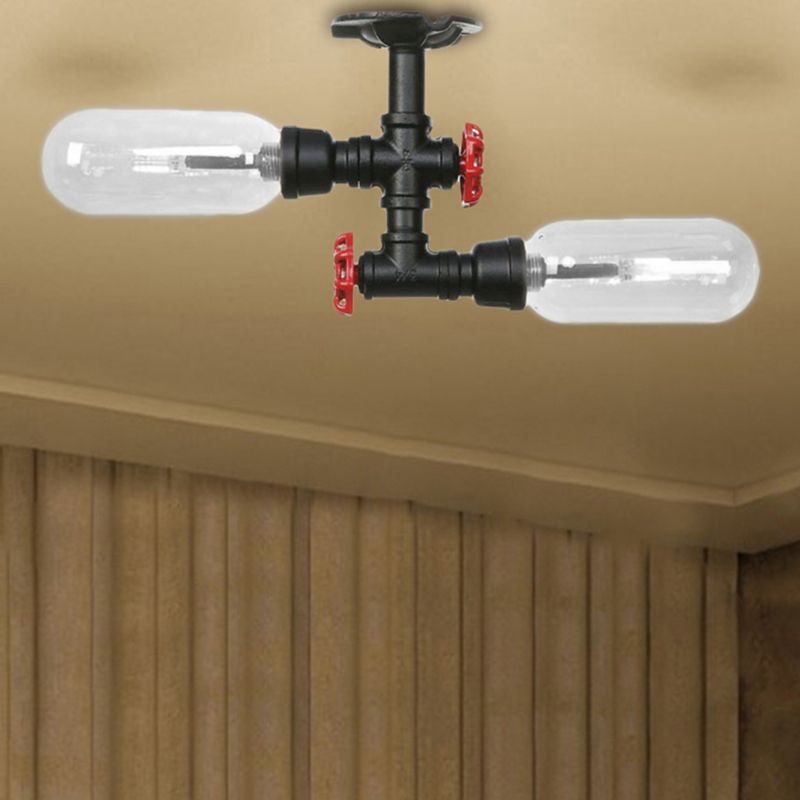 Abbattina con capsula nera opaca semi-ruscini chiaro vetro rustico in vetro a 2 luci del soffitto del soggiorno con design del tubo