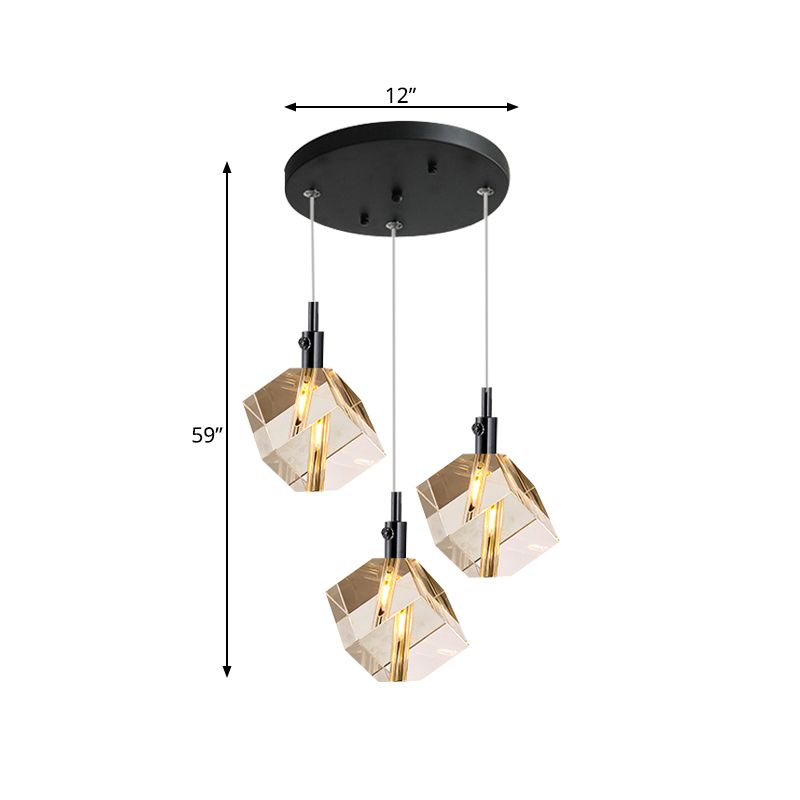 Modernist Cube Multi Pendant Light Clear Crystal Glass 3-Head Dining Room LED Suspension Lamp in Black