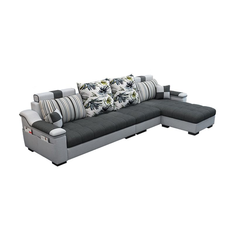 Dark Gray Pillow Top Arm Sectional Upholstered Cushions Back Sofa and Chaise