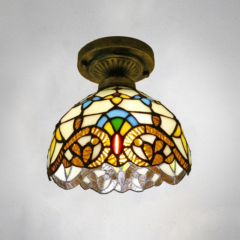 Dome Ceiling Light 1 Bulb Stained Glass Vintage Semi Flush Light Fixture for Corridor