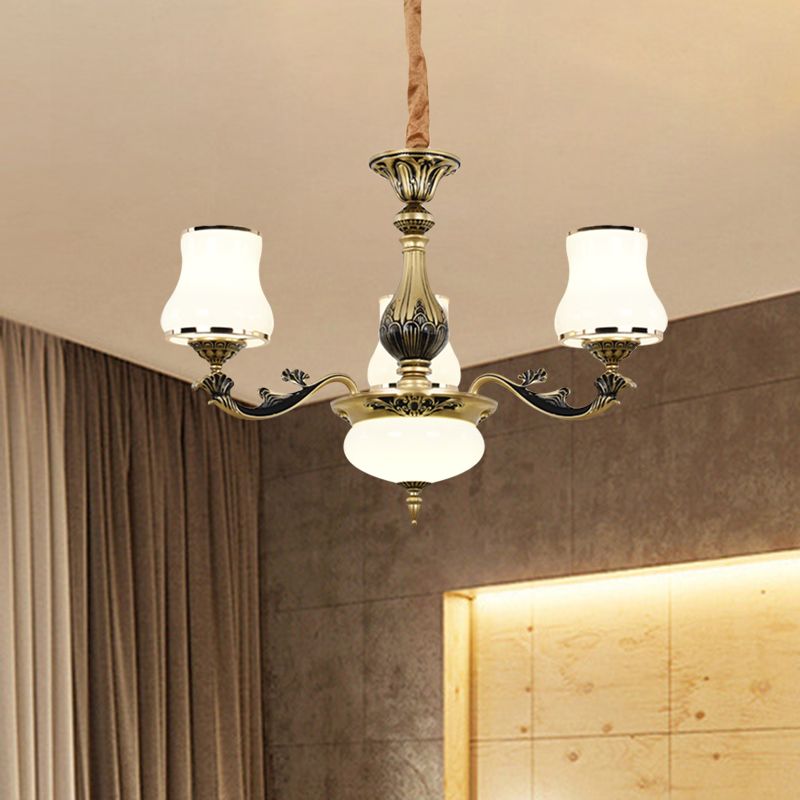 Minimalisme trompet hanglamp 3/6 lampen melkachtig glas hangende kroonluchter met bochtige arm in zwart-goud voor woonkamer
