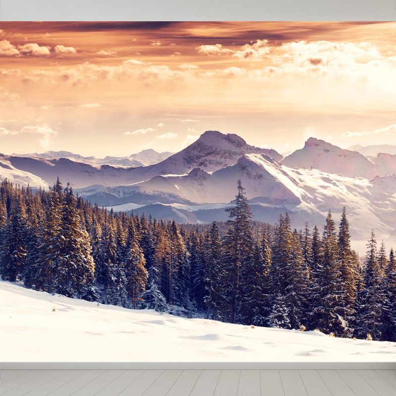 Cloudy Forest Landscape Mural Decal Contemporary Non-Woven Wall Covering in Soft Color