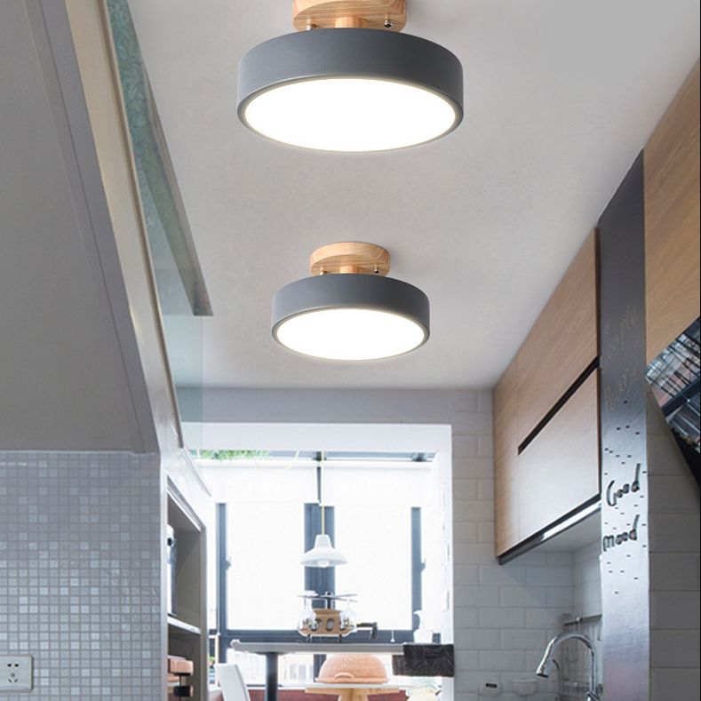 Round Corridor Semi Flush Light Acrylic Macaron Style LED Flush Ceiling Light with Wooden Canopy