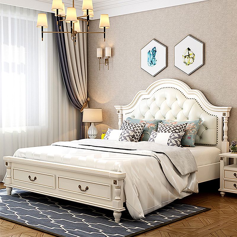 Victorian White Wooden Bed with Camelback Headboard and Nailhead Trim
