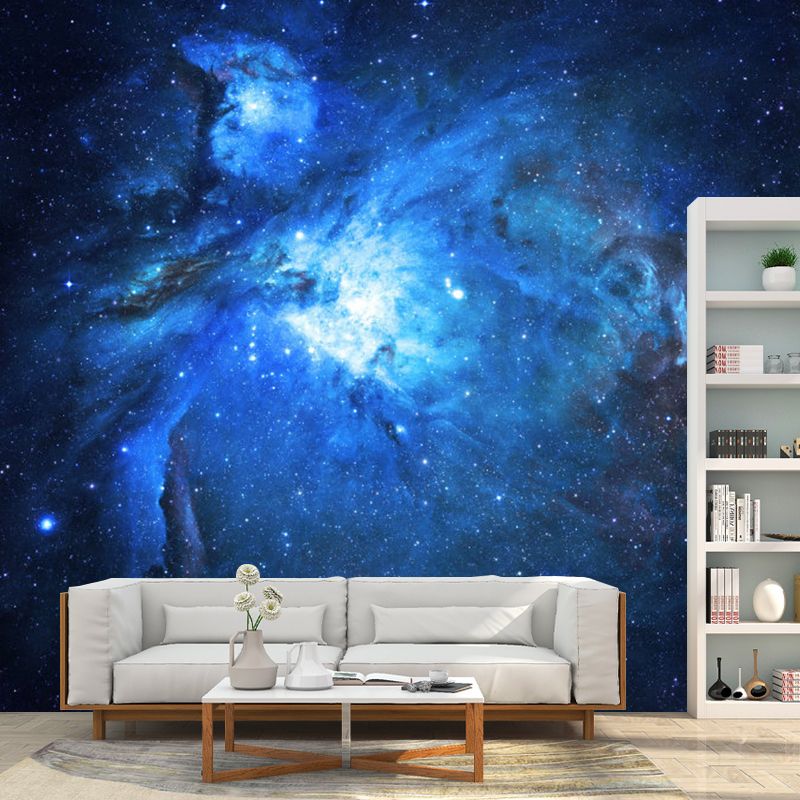 Whole Illustration Style Mural Wallpaper for Living Room with Nebula Design in Blue