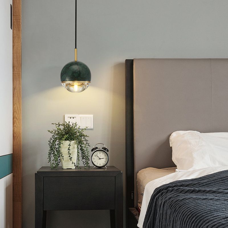 Modern Style Spherical Hanging Light All Copper Marble 1 Light Pendant Lamp for Bedside