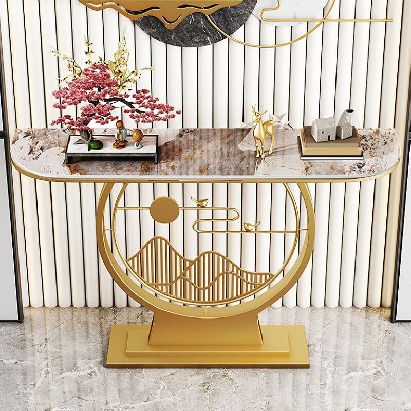 31.49" High Stone Console Table Half Moon Accent Table with Iron Frame