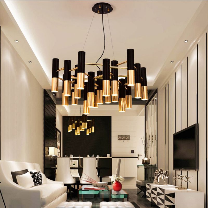Postmodern Black-Gold Chandelier Metal Tubular Living Room Suspension Light